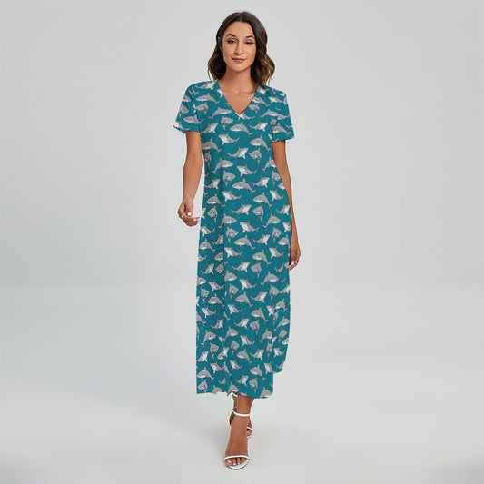 Cartoon White Shark Pattern Print Short Sleeve Maxi Dress