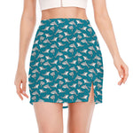 Cartoon White Shark Pattern Print Side Slit Mini Skirt