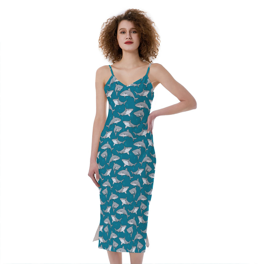 Cartoon White Shark Pattern Print Slim Fit Midi Cami Dress