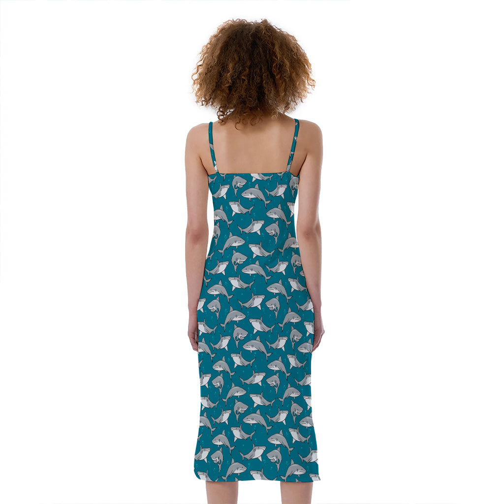 Cartoon White Shark Pattern Print Slim Fit Midi Cami Dress