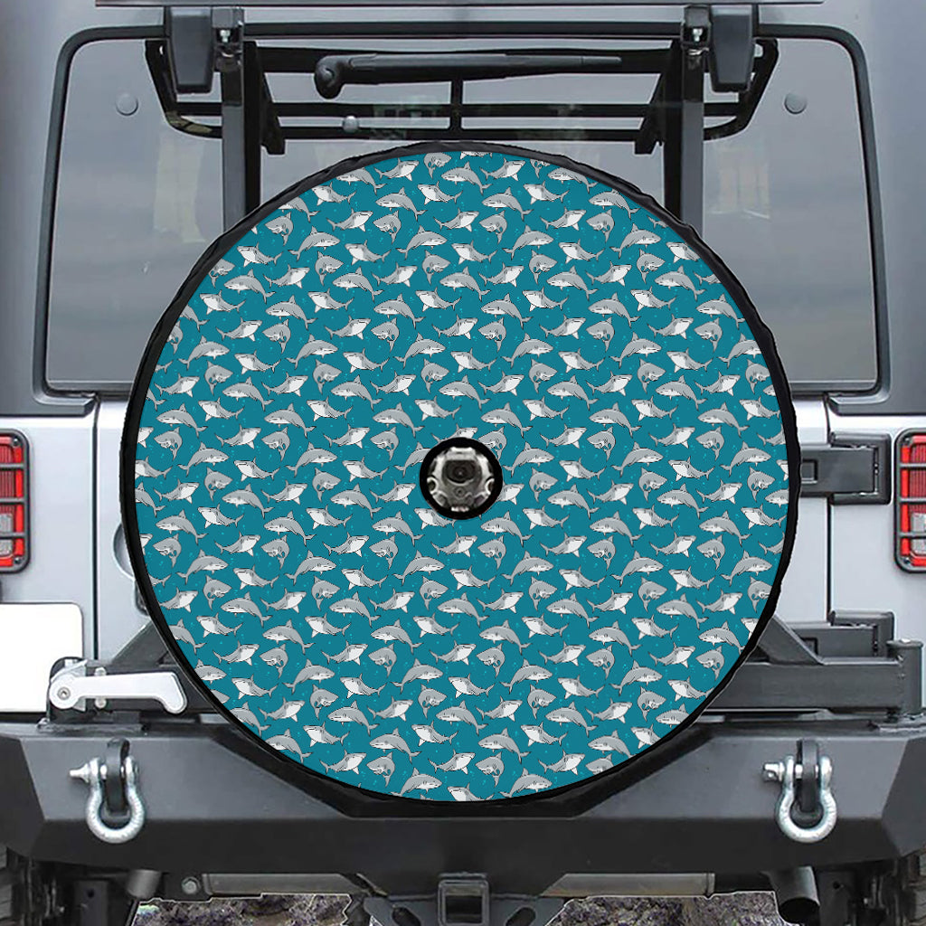 Cartoon White Shark Pattern Print Tire Cover With Camera Hole