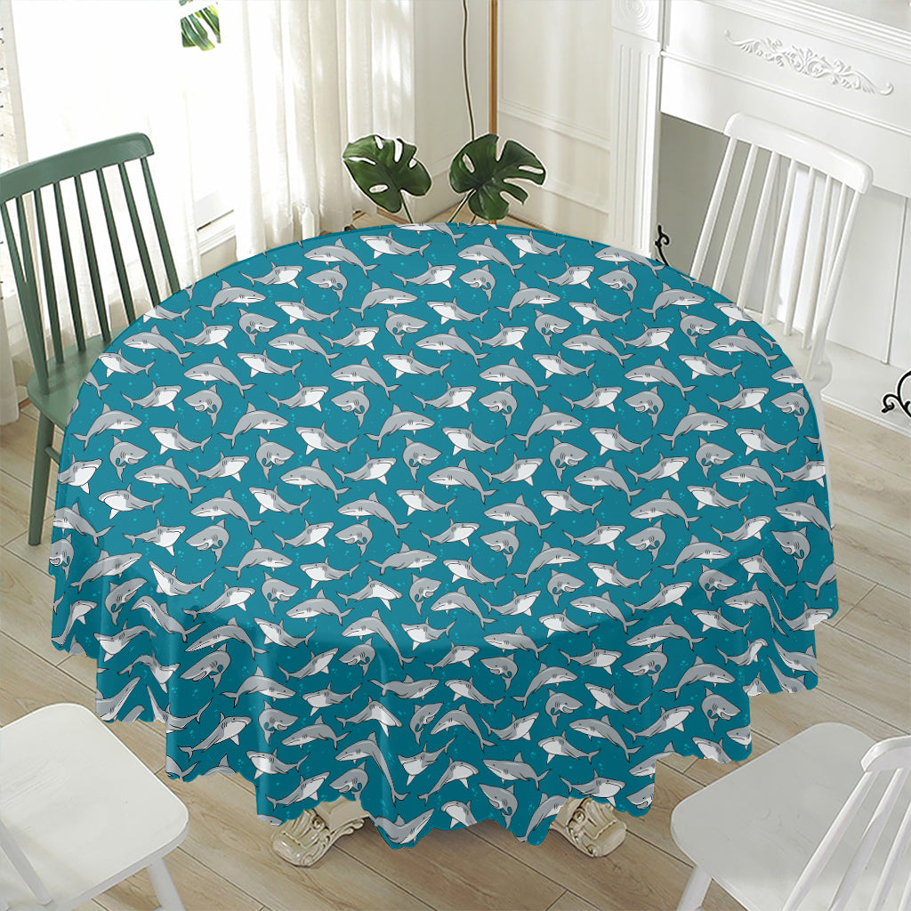 Cartoon White Shark Pattern Print Waterproof Round Tablecloth
