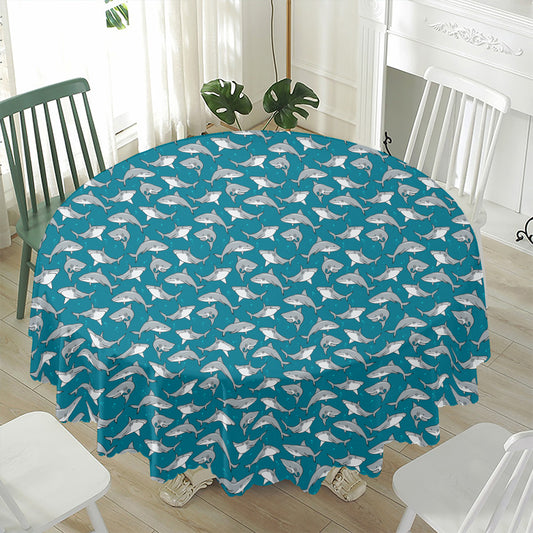 Cartoon White Shark Pattern Print Waterproof Round Tablecloth