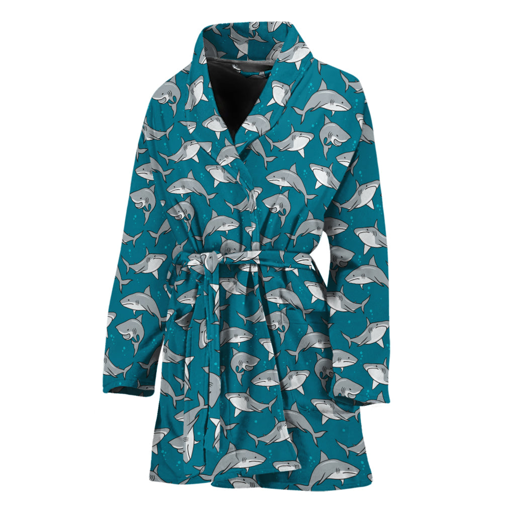 Cartoon White Shark Pattern Print Women's Bathrobe