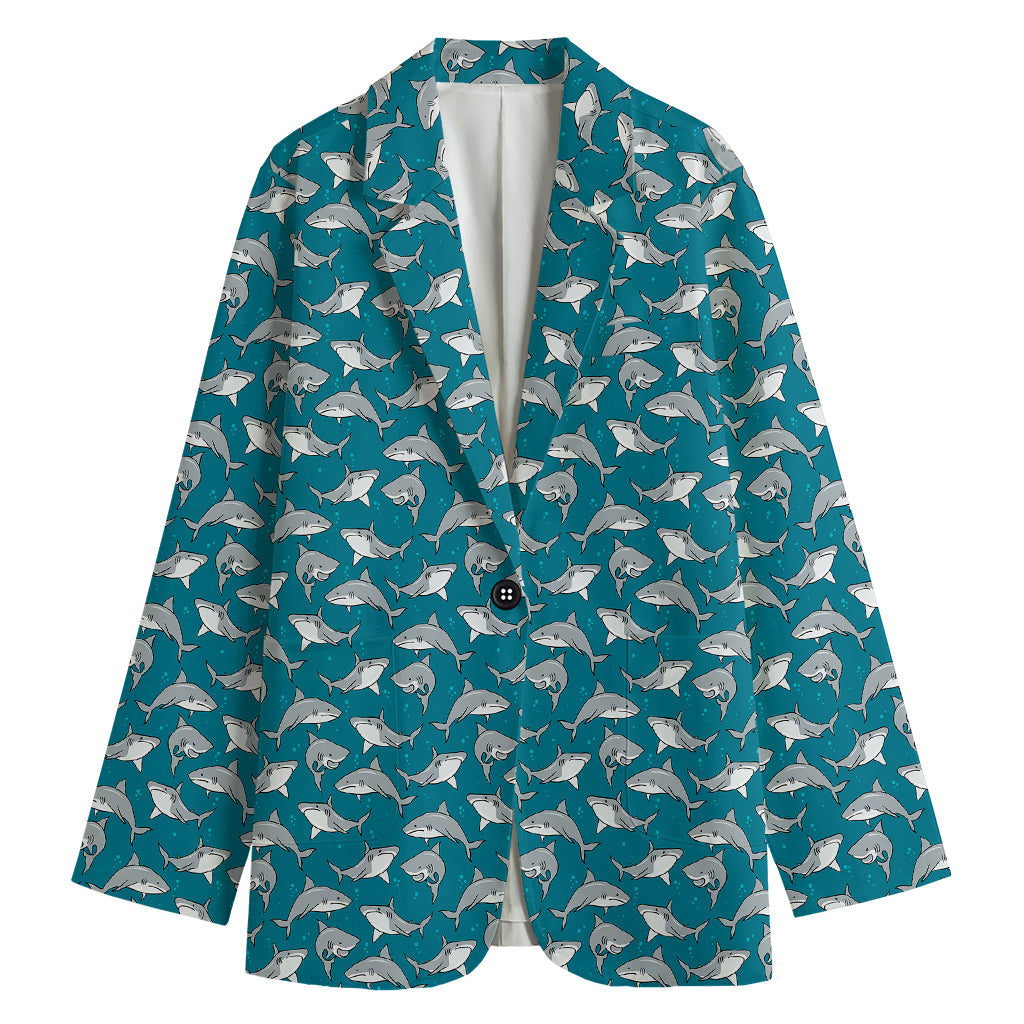 Cartoon White Shark Pattern Print Women's Blazer
