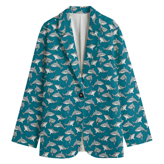 Cartoon White Shark Pattern Print Women's Blazer