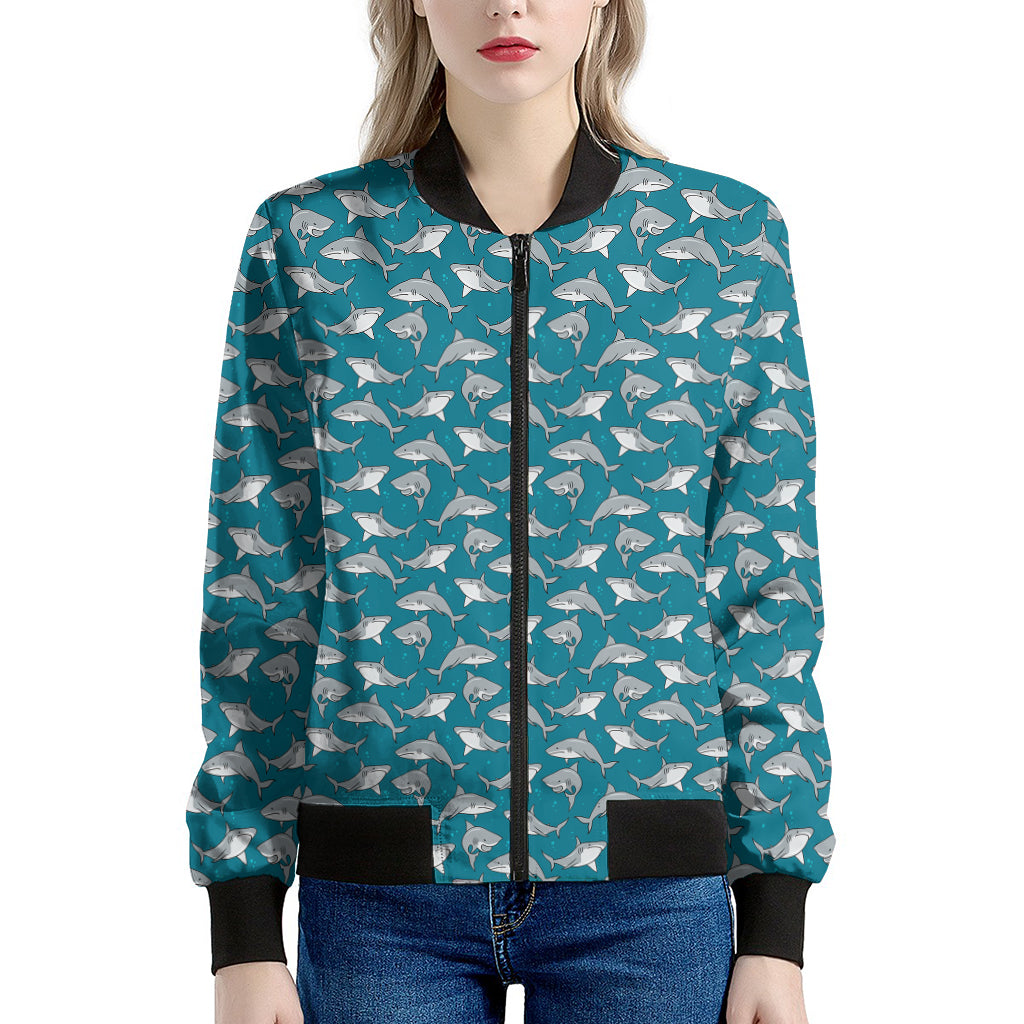 Cartoon White Shark Pattern Print Women's Bomber Jacket