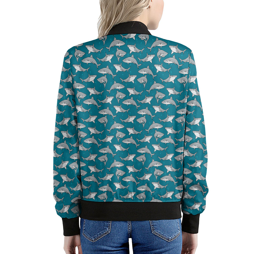 Cartoon White Shark Pattern Print Women's Bomber Jacket