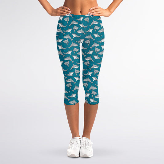 Cartoon White Shark Pattern Print Women's Capri Leggings