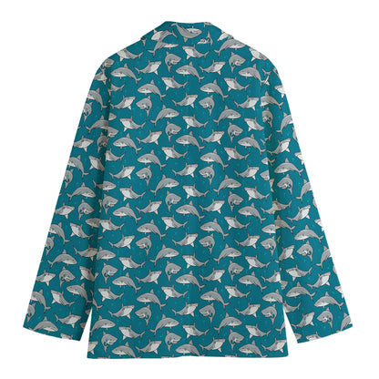 Cartoon White Shark Pattern Print Women's Cotton Blazer