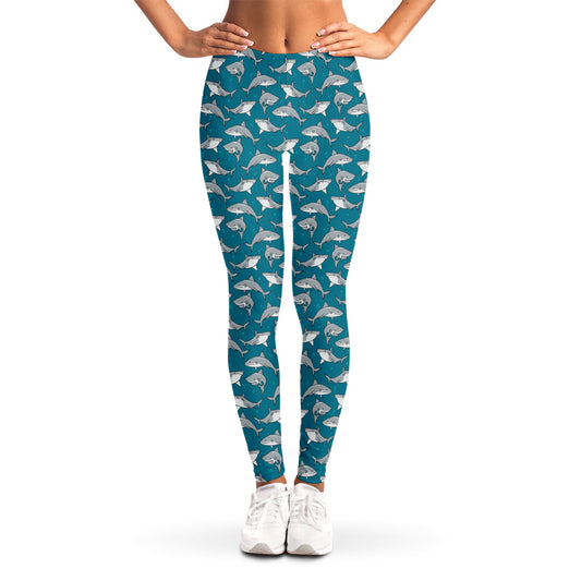 Cartoon White Shark Pattern Print Women's Leggings