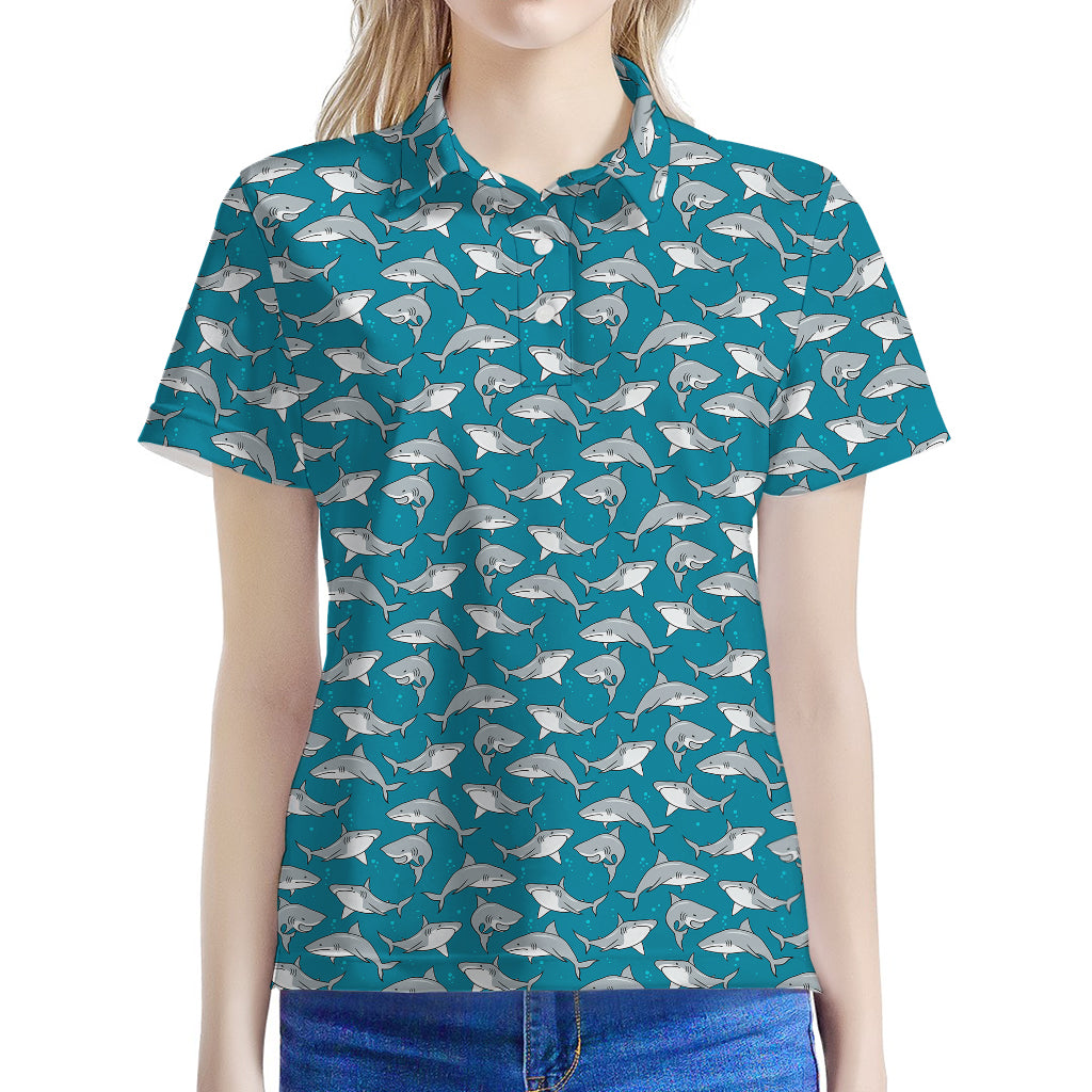 Cartoon White Shark Pattern Print Women's Polo Shirt