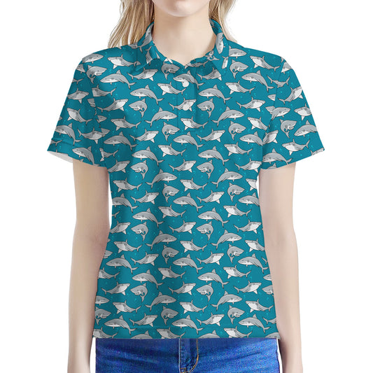 Cartoon White Shark Pattern Print Women's Polo Shirt