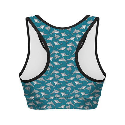 Cartoon White Shark Pattern Print Women's Sports Bra
