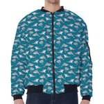 Cartoon White Shark Pattern Print Zip Sleeve Bomber Jacket