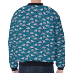 Cartoon White Shark Pattern Print Zip Sleeve Bomber Jacket