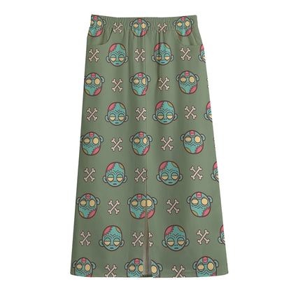 Cartoon Zombie Pattern Print Cotton Front Slit Maxi Skirt