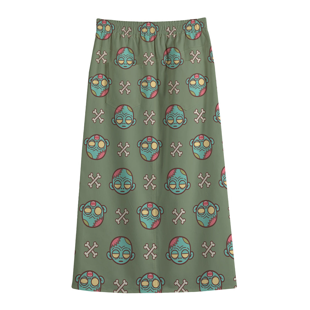 Cartoon Zombie Pattern Print Cotton Front Slit Maxi Skirt