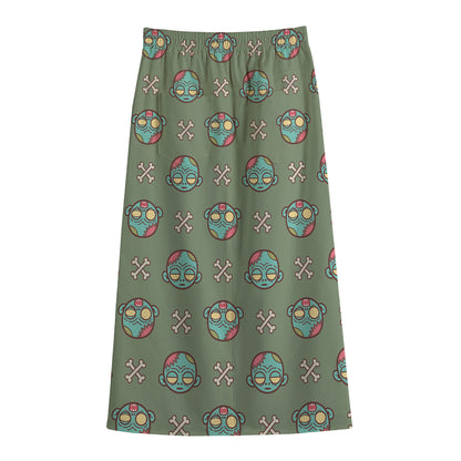 Cartoon Zombie Pattern Print Cotton Front Slit Maxi Skirt