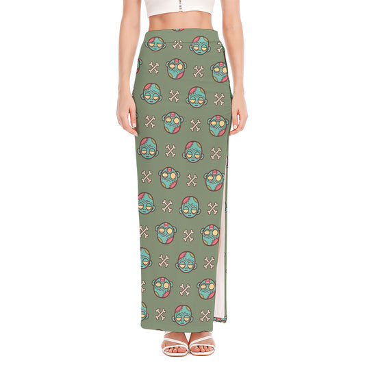 Cartoon Zombie Pattern Print High Slit Maxi Skirt