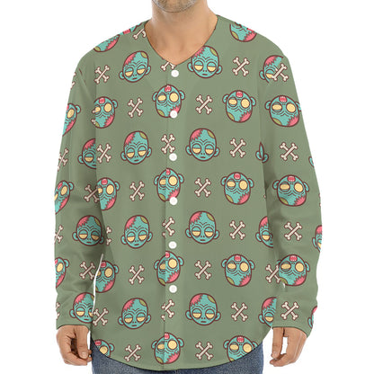 Cartoon Zombie Pattern Print Long Sleeve Baseball Jersey