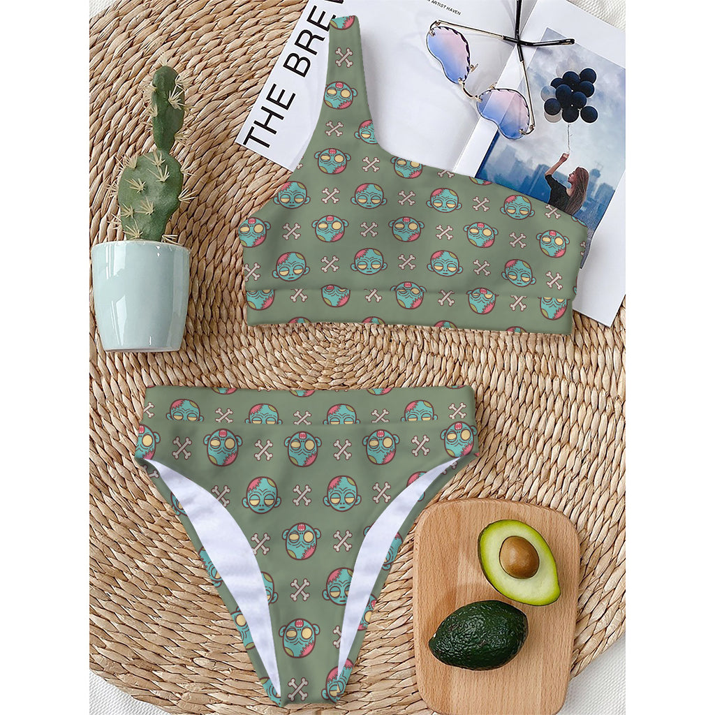 Cartoon Zombie Pattern Print One Shoulder Bikini Top