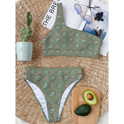Cartoon Zombie Pattern Print One Shoulder Bikini Top