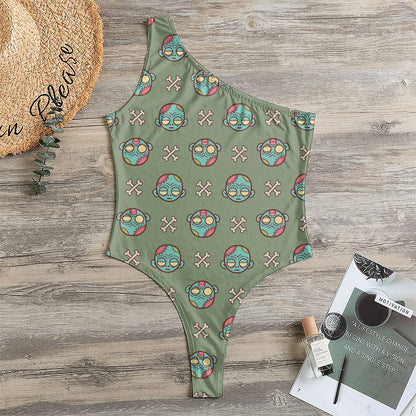 Cartoon Zombie Pattern Print One Shoulder Bodysuit