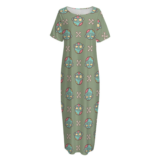 Cartoon Zombie Pattern Print Short Sleeve Long Nightdress