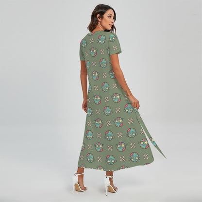 Cartoon Zombie Pattern Print Short Sleeve Maxi Dress