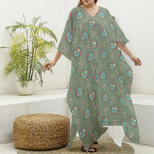 Cartoon Zombie Pattern Print Silk V-Neck Kaftan Dress