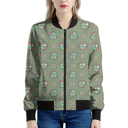 Cartoon Zombie Pattern Print Women's Bomber Jacket