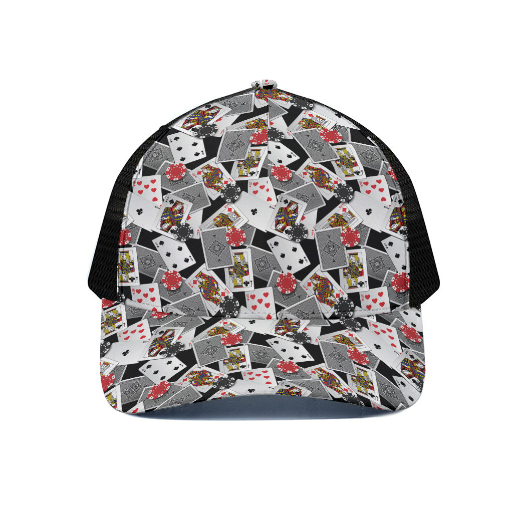 Casino Card And Chip Pattern Print Black Mesh Trucker Cap