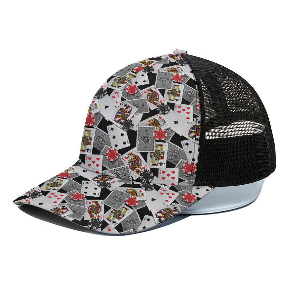 Casino Card And Chip Pattern Print Black Mesh Trucker Cap