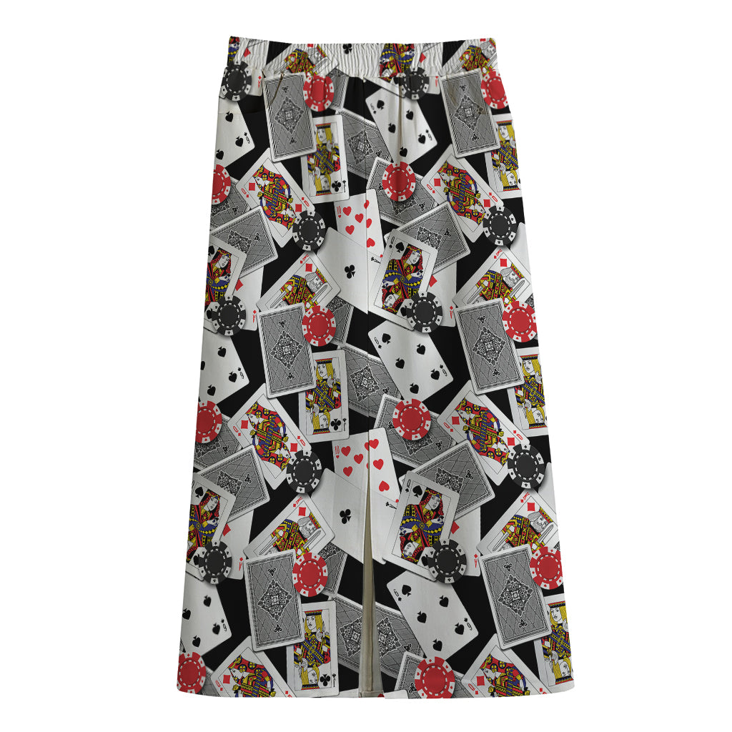 Casino Card And Chip Pattern Print Cotton Front Slit Maxi Skirt