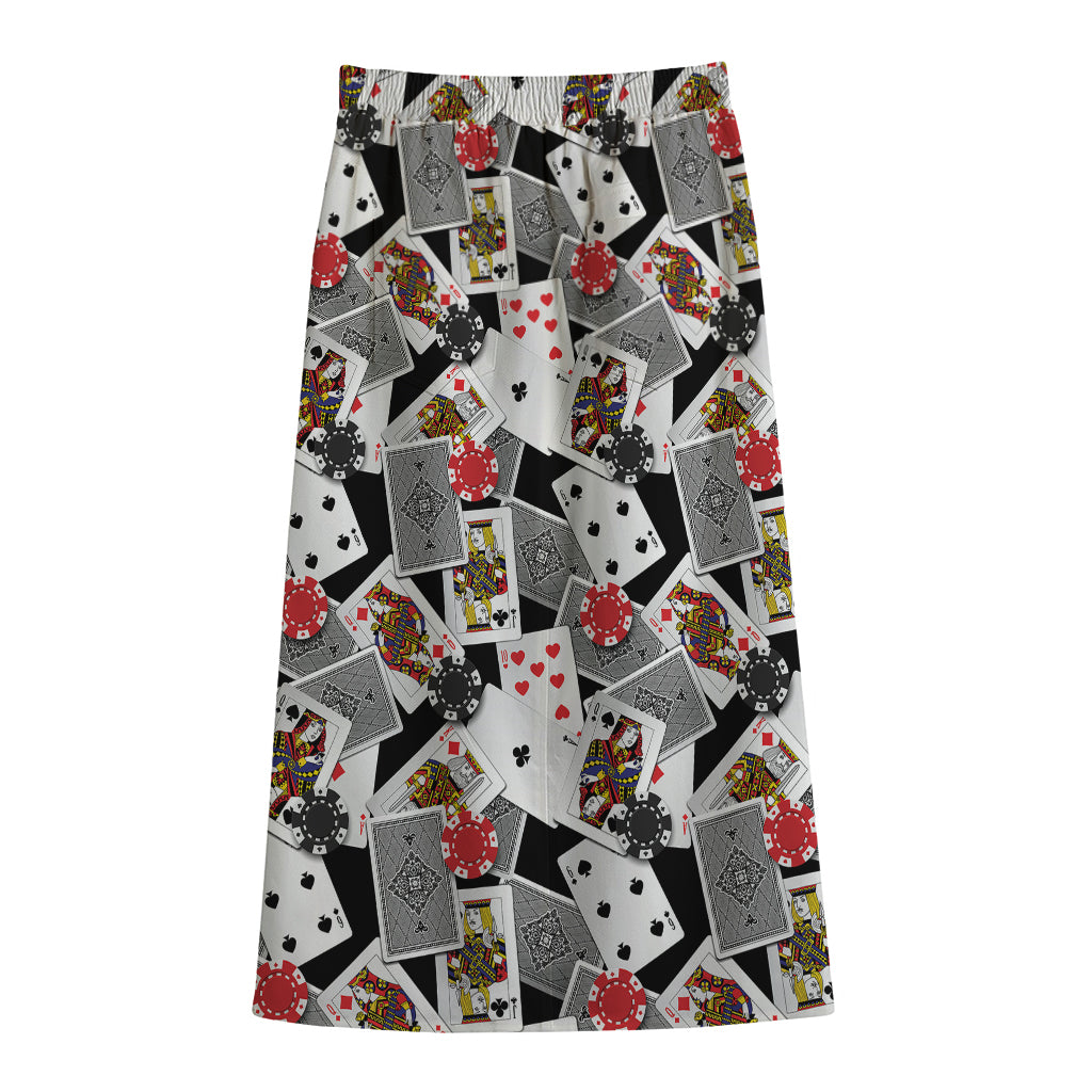 Casino Card And Chip Pattern Print Cotton Front Slit Maxi Skirt