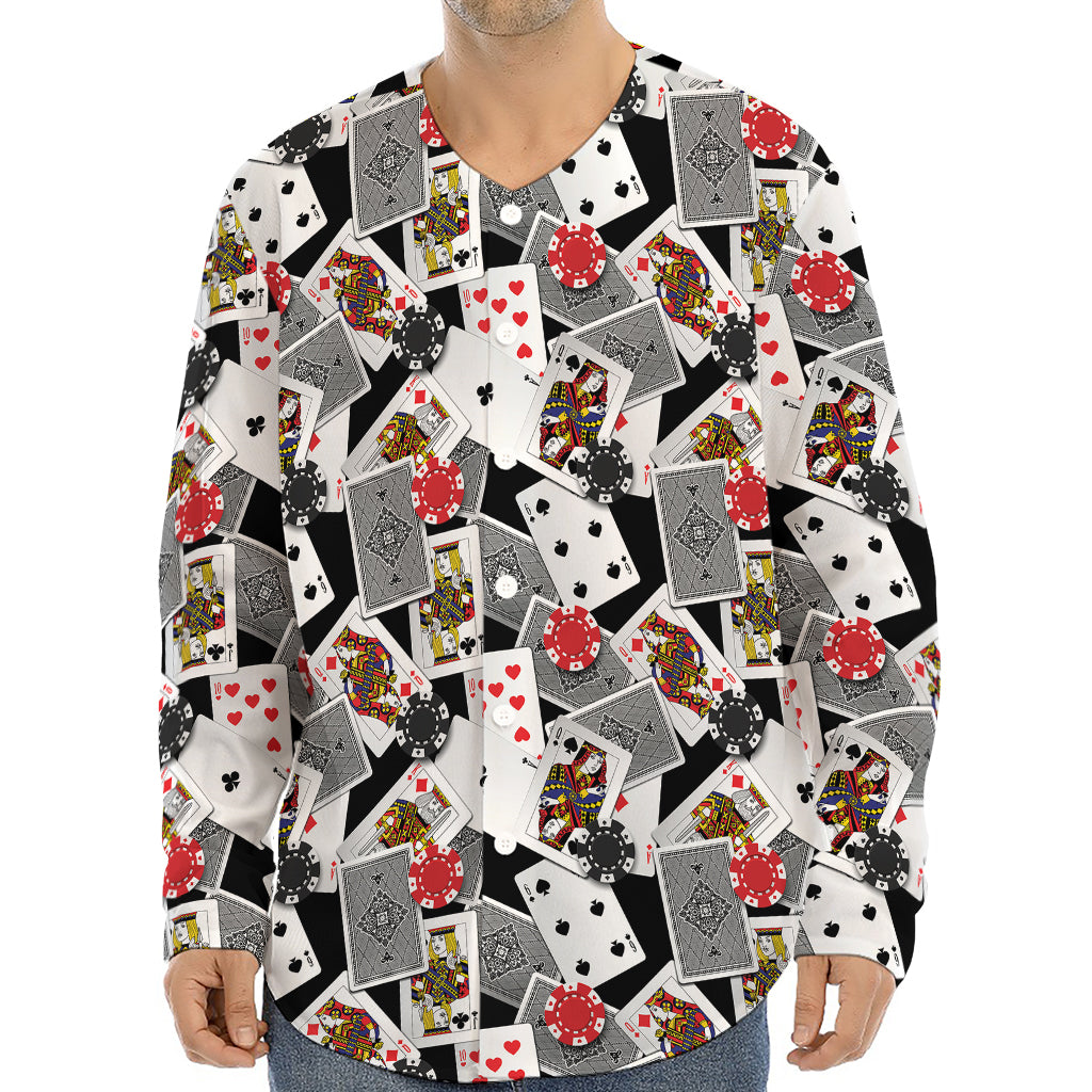 Casino Card And Chip Pattern Print Long Sleeve Baseball Jersey