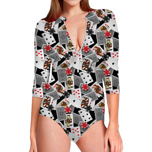 Casino Card And Chip Pattern Print Long Sleeve Swimsuit