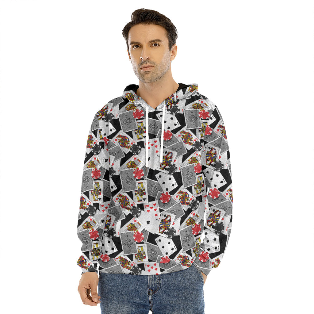 Casino Card And Chip Pattern Print Men's Velvet Pullover Hoodie