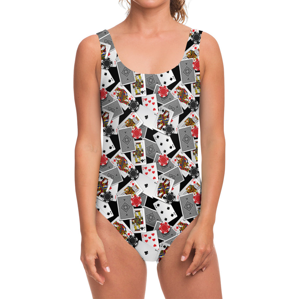 Casino Card And Chip Pattern Print One Piece Swimsuit