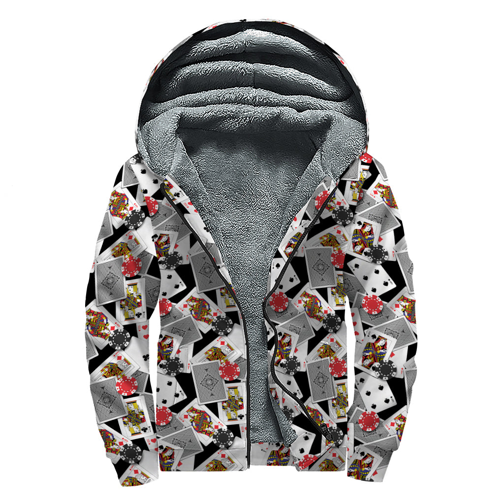 Casino Card And Chip Pattern Print Sherpa Lined Zip Up Hoodie