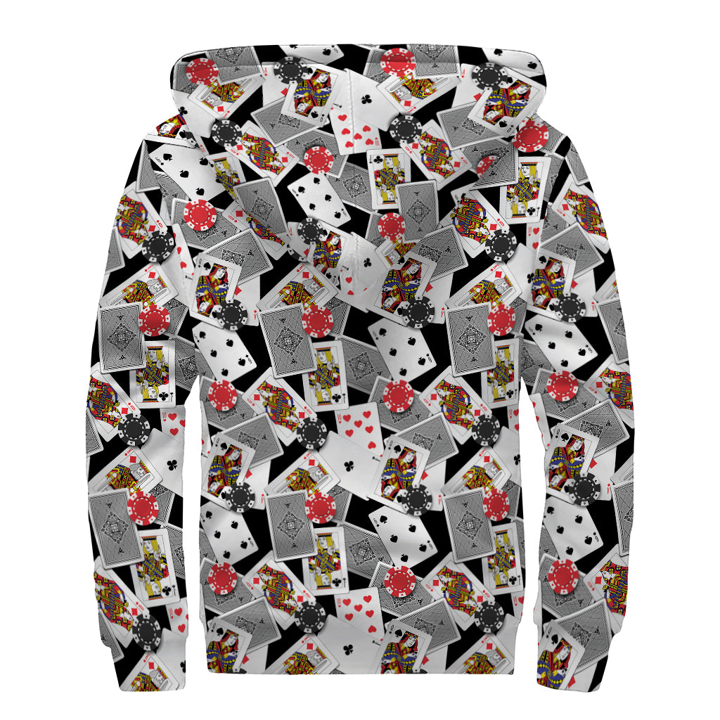 Casino Card And Chip Pattern Print Sherpa Lined Zip Up Hoodie