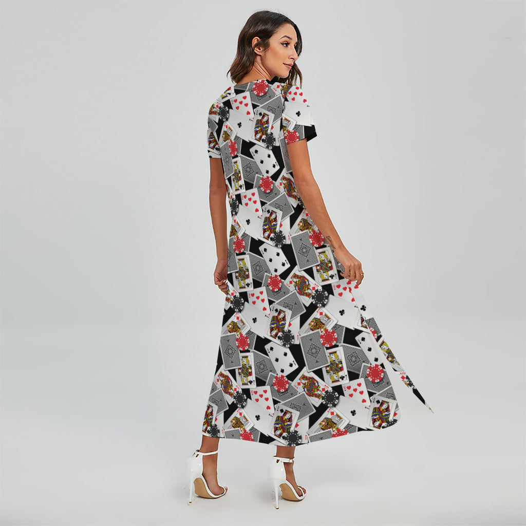 Casino Card And Chip Pattern Print Short Sleeve Maxi Dress