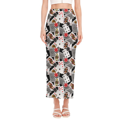 Casino Card And Chip Pattern Print Side Slit Maxi Skirt