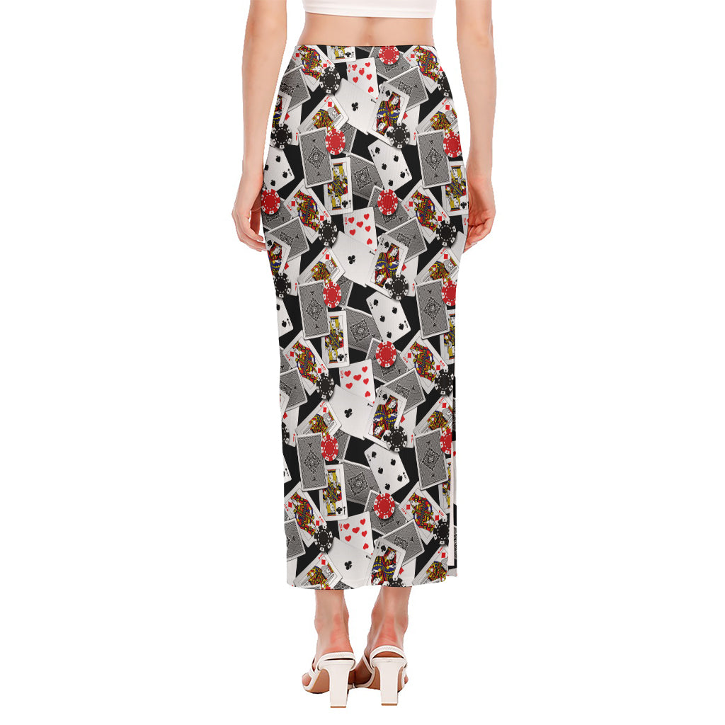 Casino Card And Chip Pattern Print Side Slit Maxi Skirt