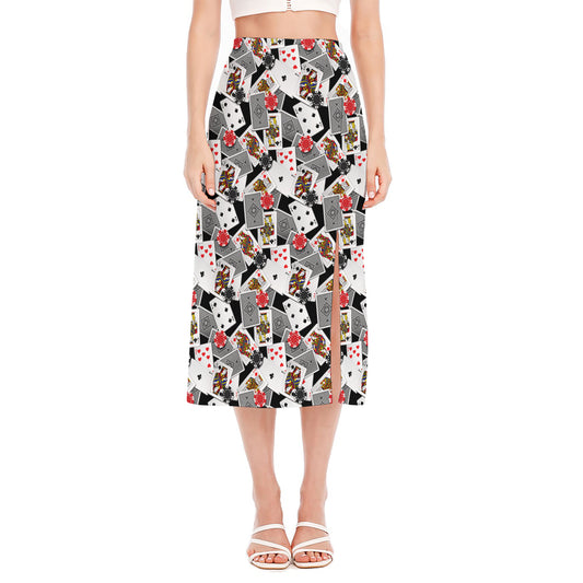 Casino Card And Chip Pattern Print Side Slit Midi Skirt