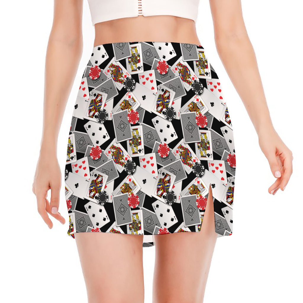 Casino Card And Chip Pattern Print Side Slit Mini Skirt