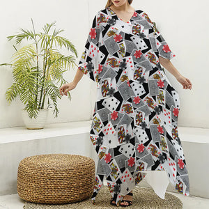 Casino Card And Chip Pattern Print Silk V-Neck Kaftan Dress