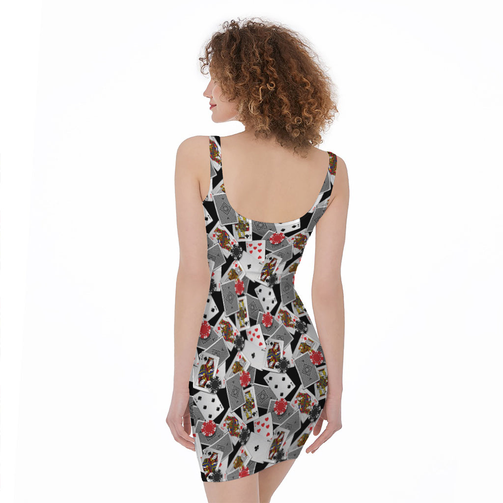 Casino Card And Chip Pattern Print Sleeveless Bodycon Dress