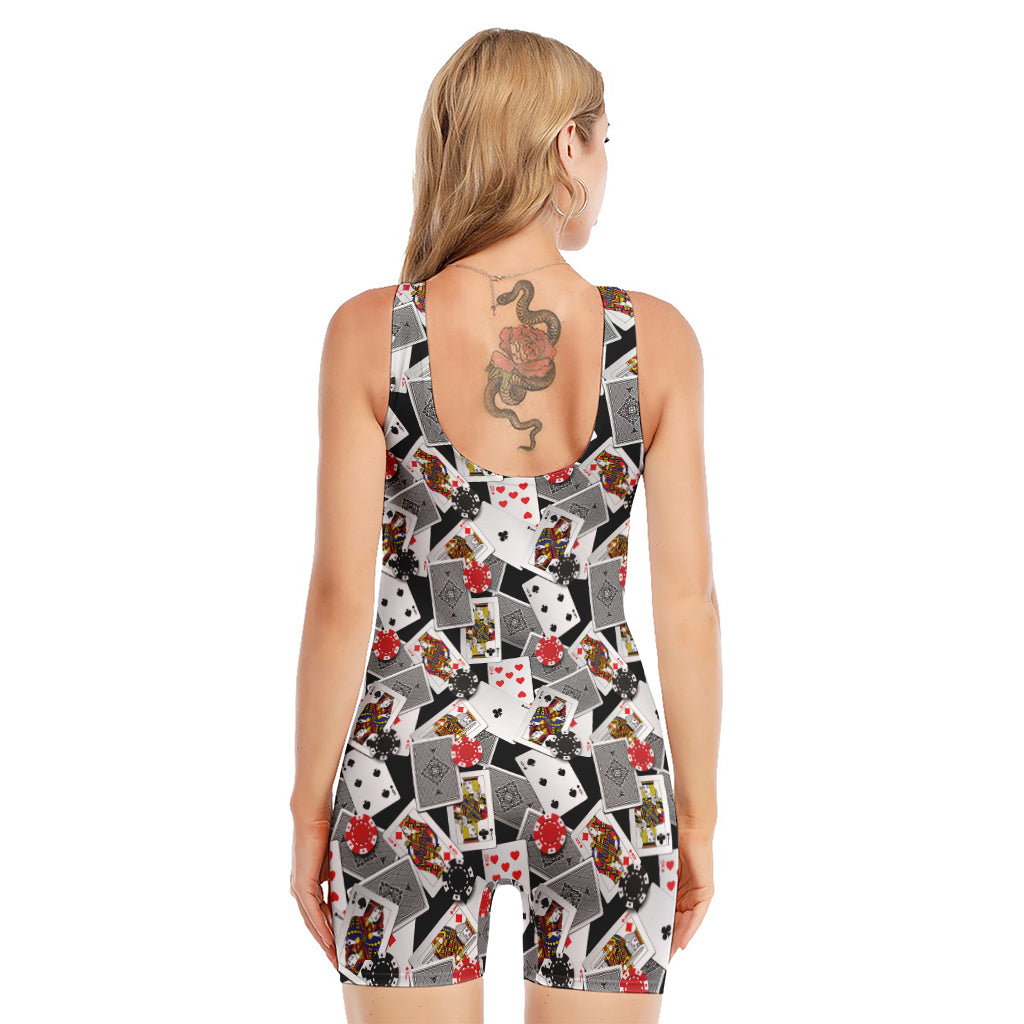Casino Card And Chip Pattern Print Sleeveless One Piece Swimsuit